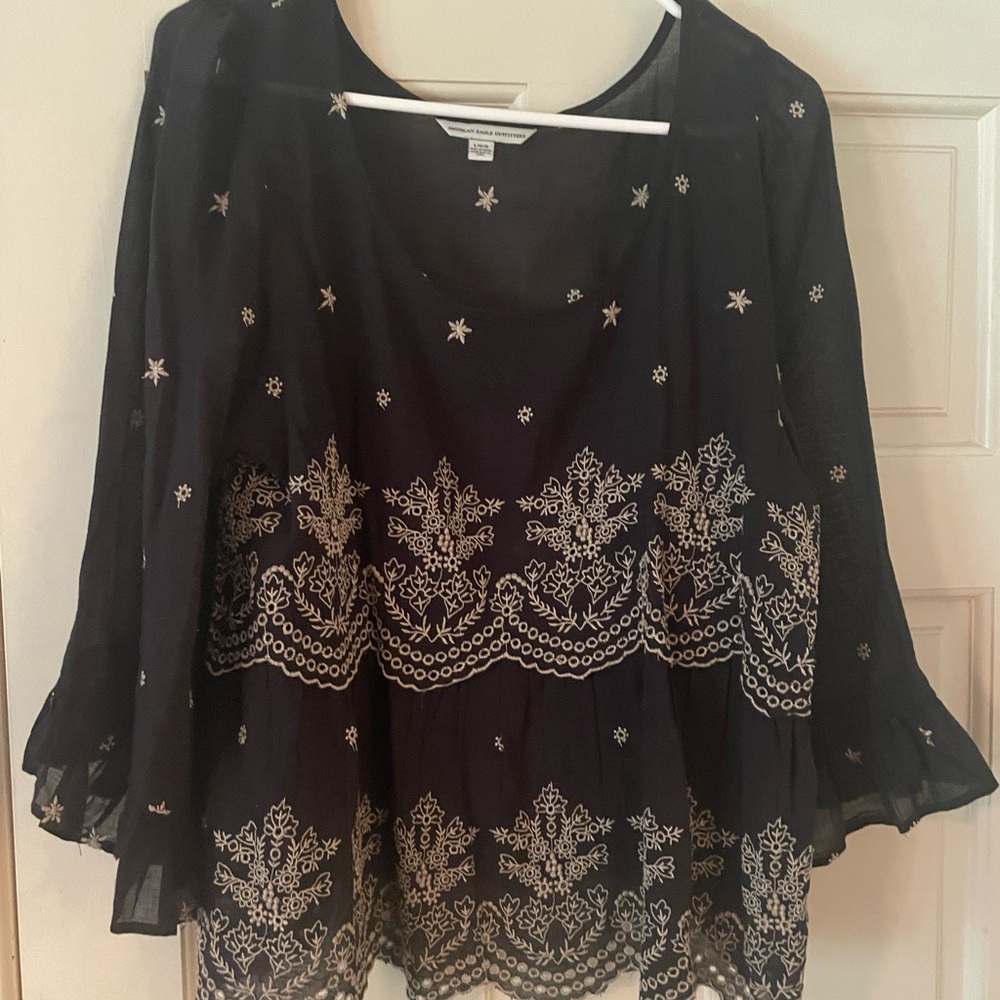 Black and White Embroidered American Eagle Blouse
